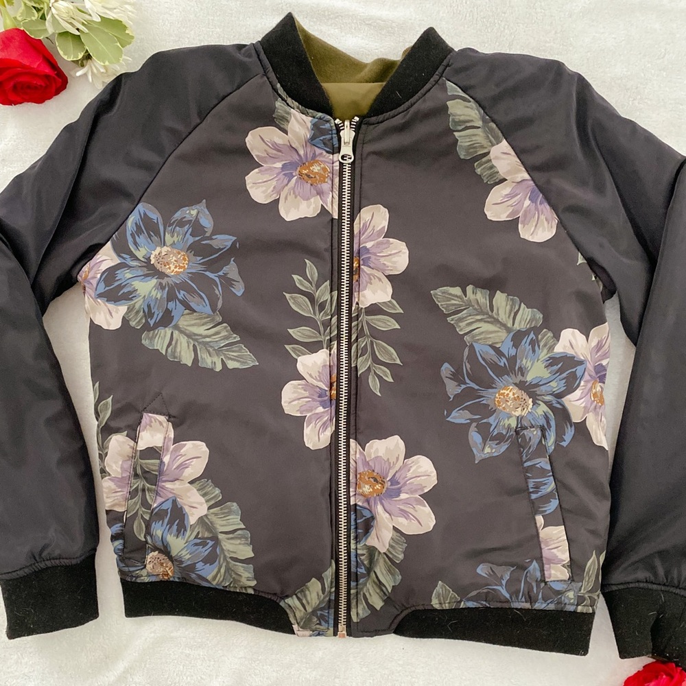 floral/olive green reversible bomber jacket